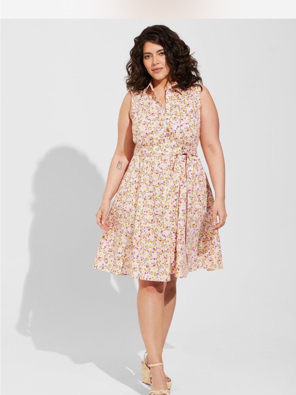 Torrid Sleeveless Pink Floral Shirt Dress with Tie Waist